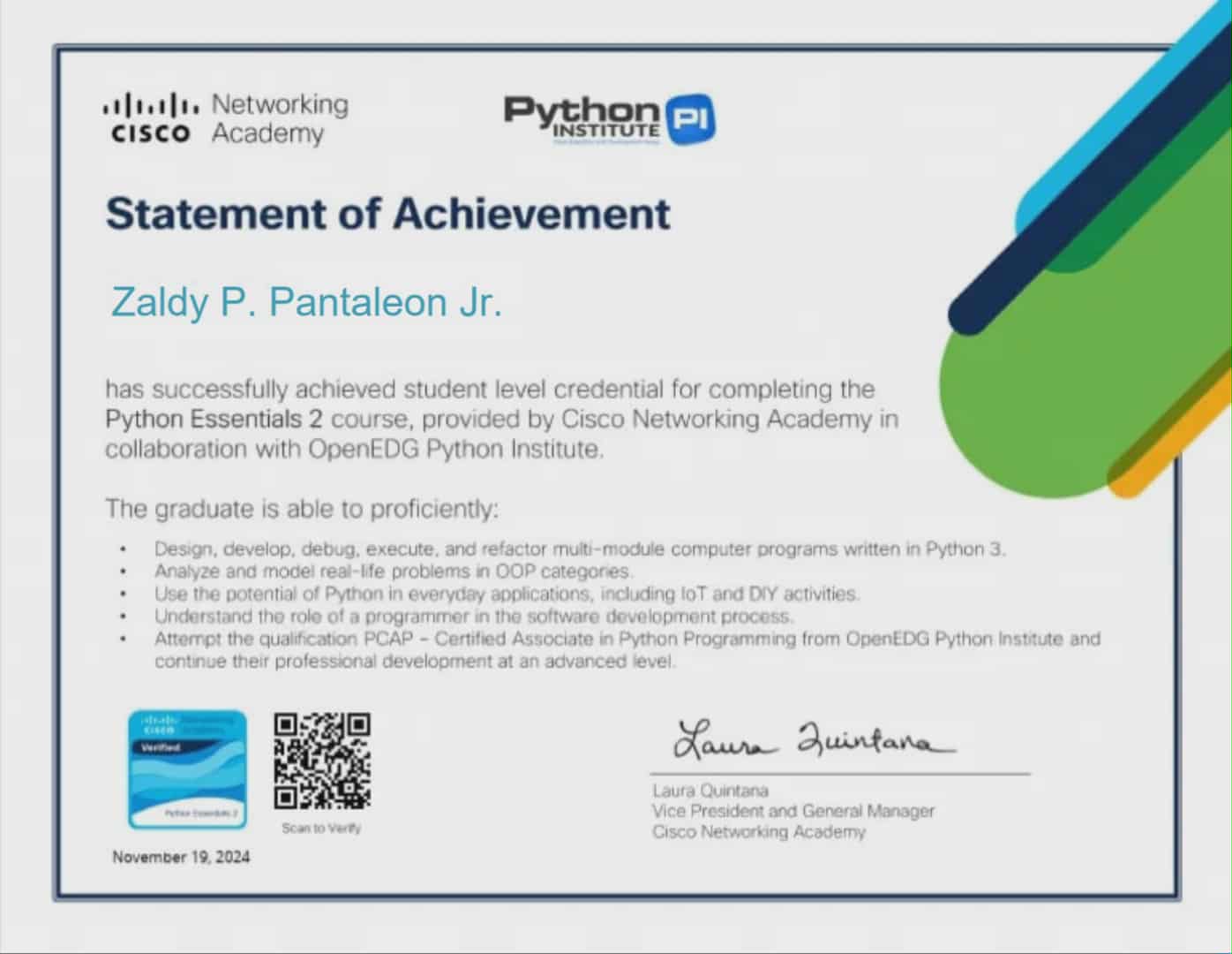 Cisco Networking Academy statement of achievement for Python Essentials 2, awarded to Zaldy P. Pantaleon Jr.