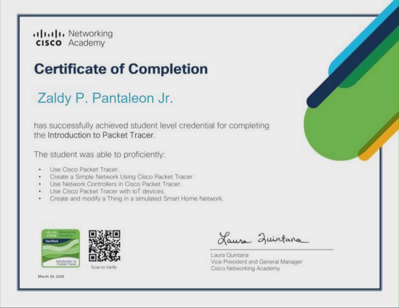 Cisco Networking Academy certificate for completing Introduction to Packet Tracer, awarded to Zaldy P. Pantaleon Jr.