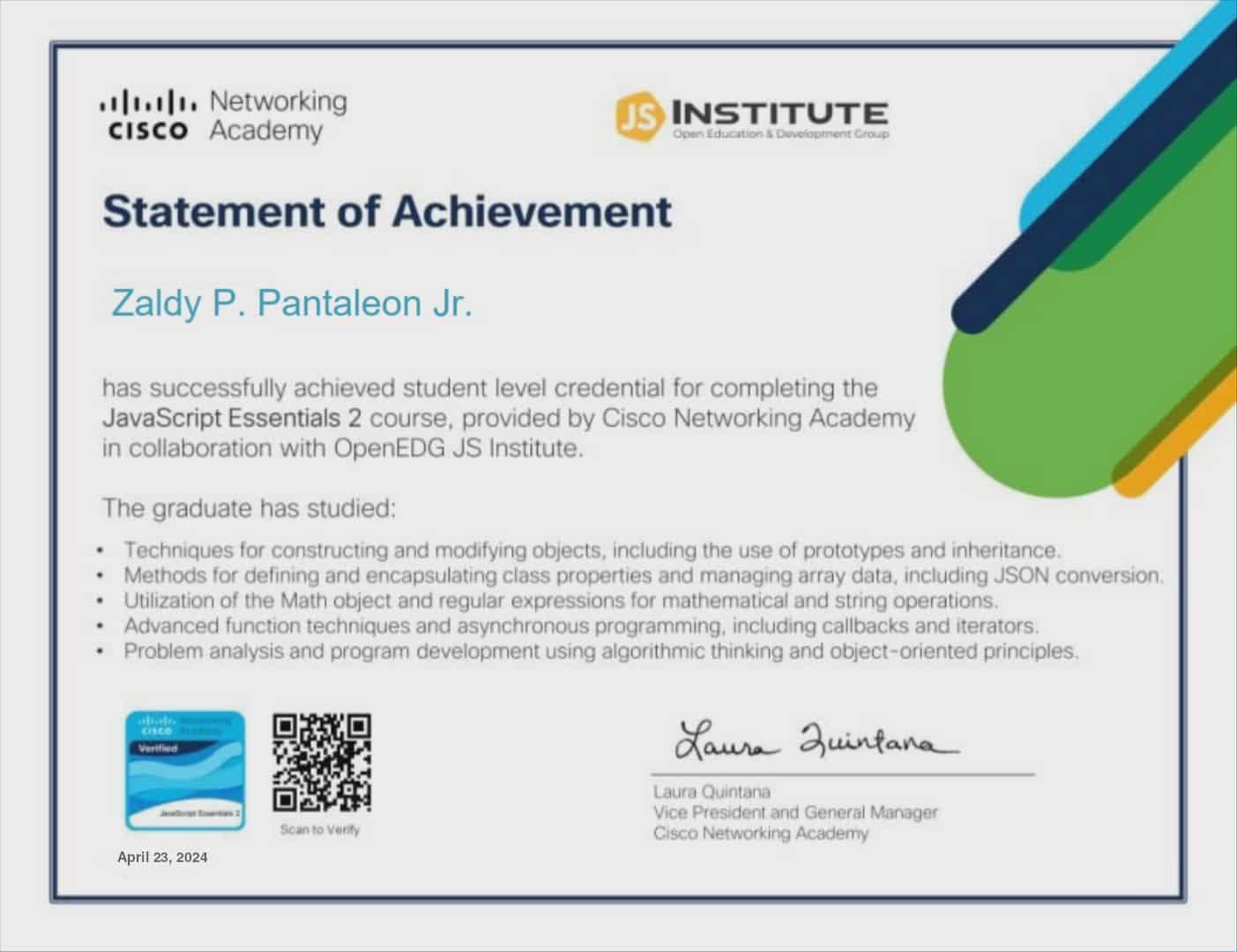 Cisco Networking Academy statement of achievement for JavaScript Essentials 2, awarded to Zaldy P. Pantaleon Jr.