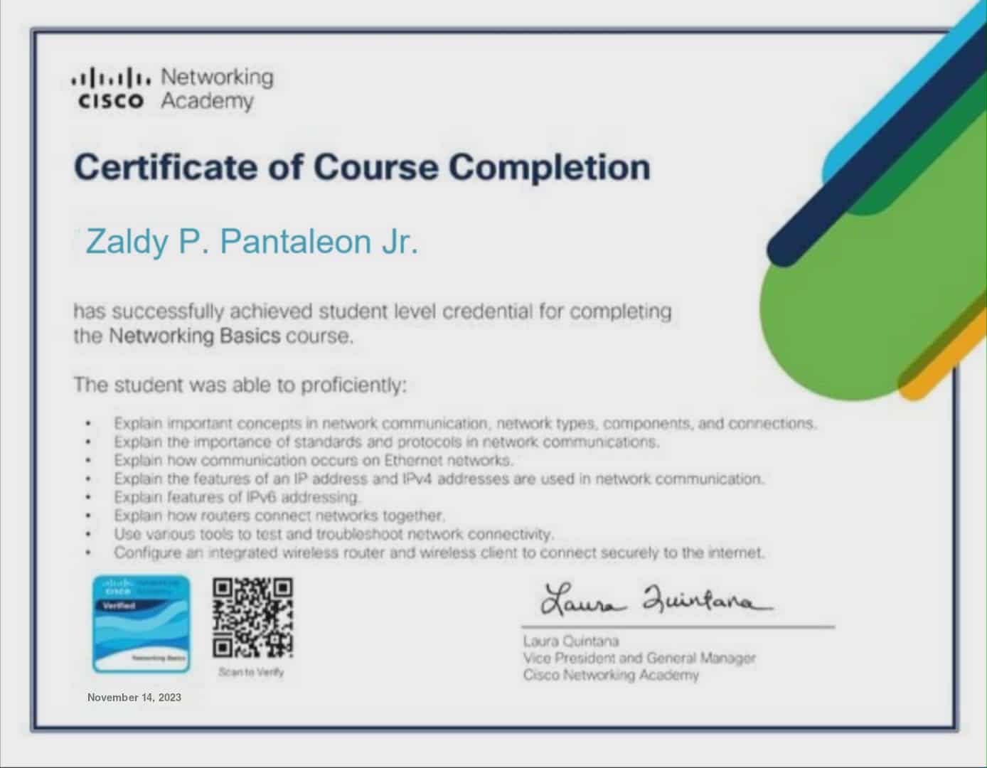 Cisco Networking Academy certificate for completing Networking Basics, awarded to Zaldy P. Pantaleon Jr.