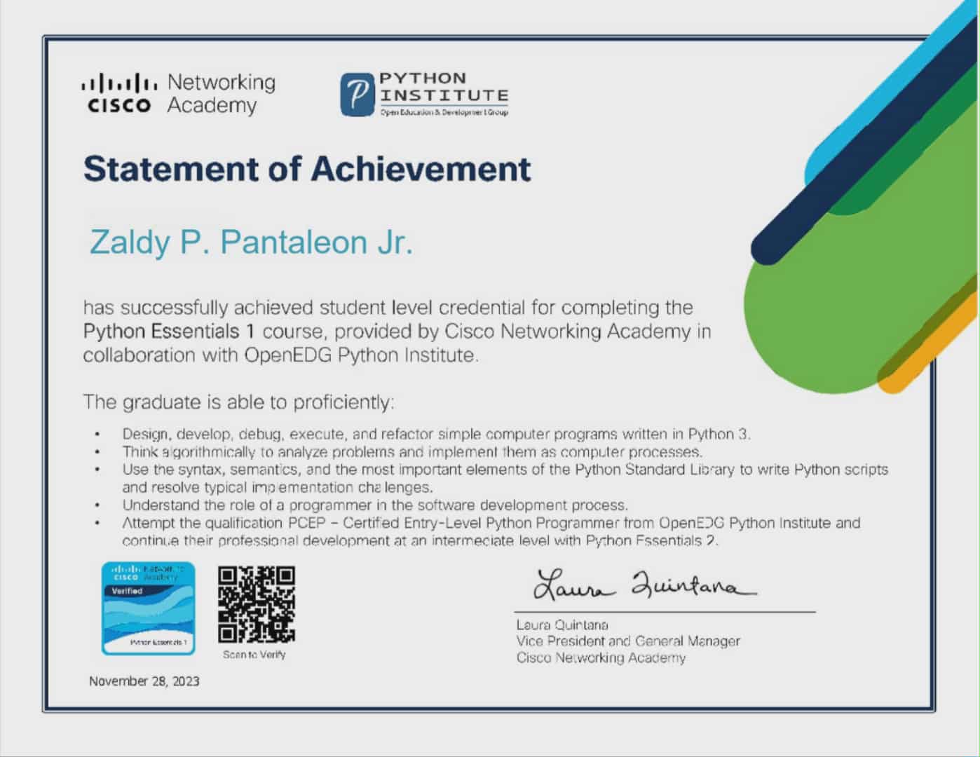 Cisco Networking Academy statement of achievement for Python Essentials 1, awarded to Zaldy P. Pantaleon Jr.
