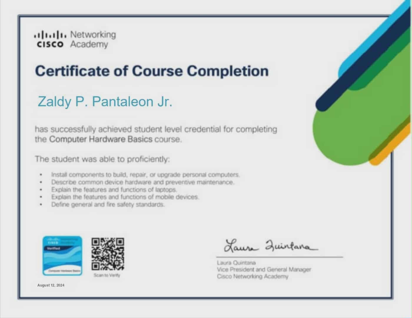 Cisco Networking Academy certificate for completing Computer Hardware Basics, awarded to Zaldy P. Pantaleon Jr.